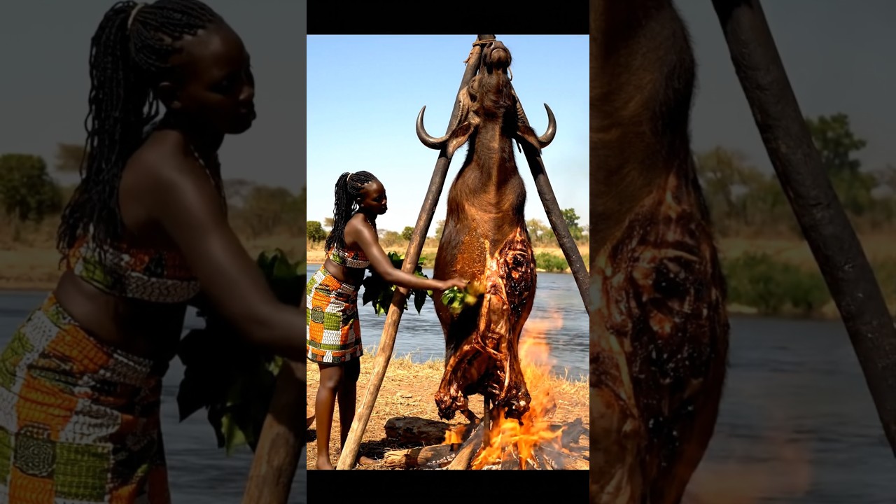 African Tribal Buffalo Roast by the River 🦬