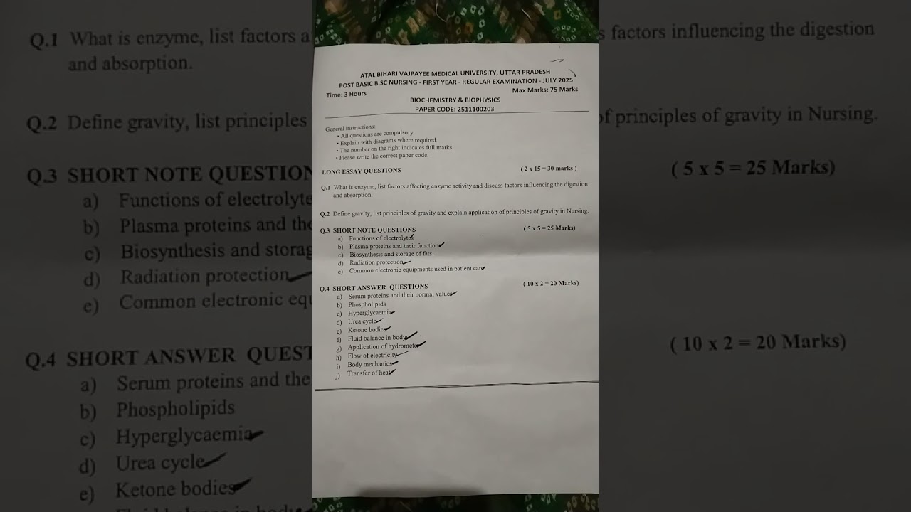 BSc Nursing 1st Year Biochemistry & Biophysics 2025 Question Paper 📄