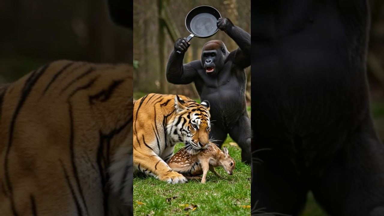 Epic AI-Generated Battle: Gorilla vs. Tiger with a Frying Pan 🐾
