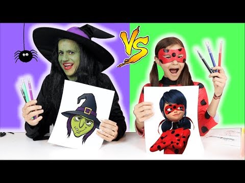 COLORINDO COM 3 CORES NA ESCOLA!! (3 MARKER CHALLENGE)! Ladybug vs Bruxa malvada!