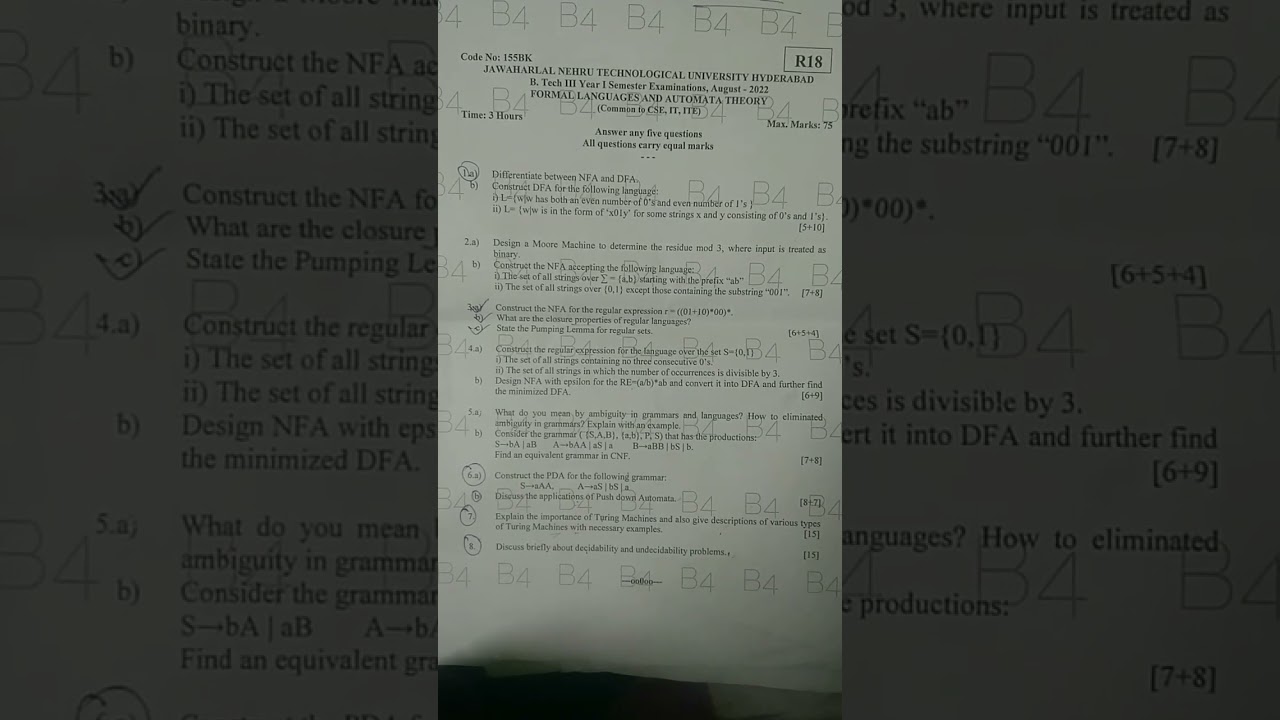 BTech R18 Formal Language & Automata Theory Question Paper
