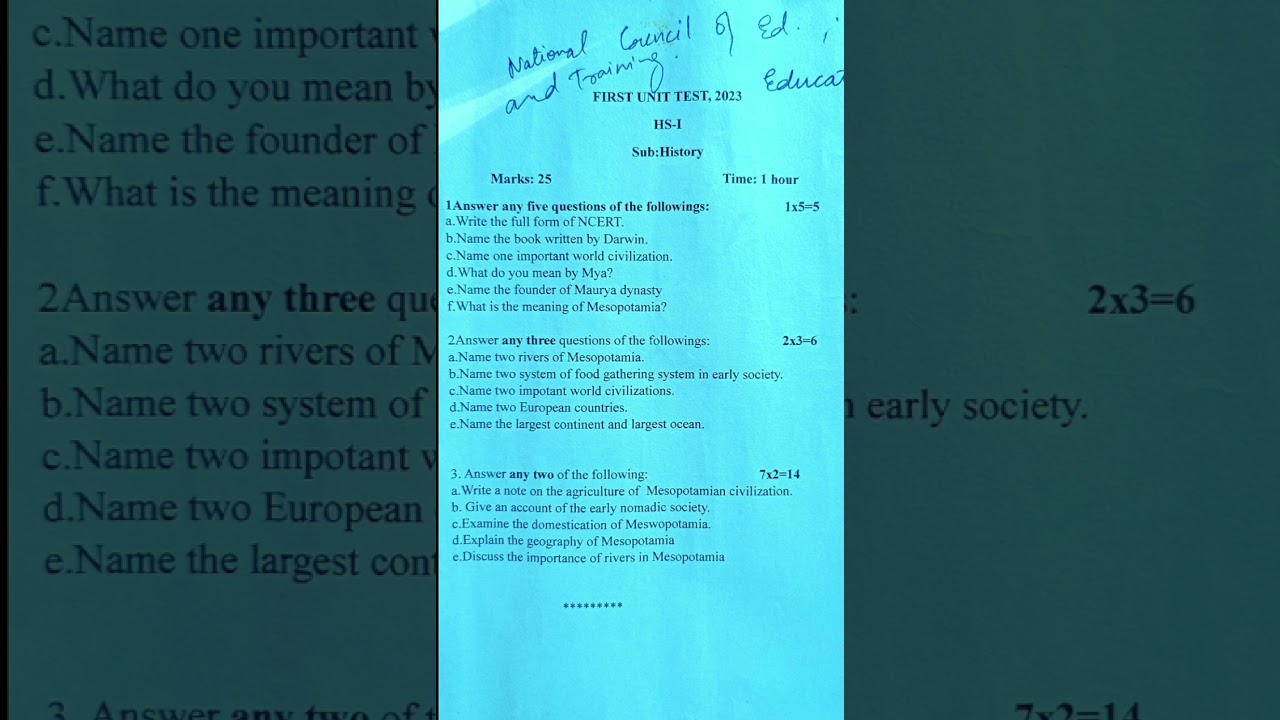 HS 1st Year History Question Paper 2023 📄