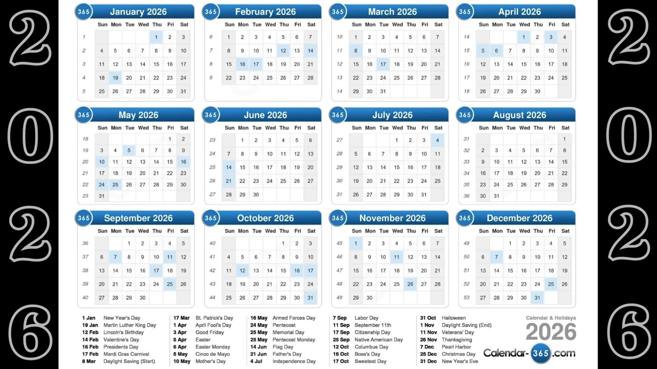 2026 Calendar with Holidays & Events π