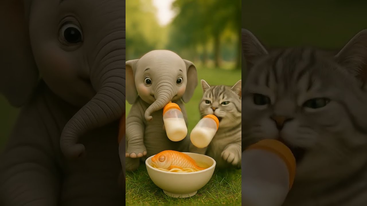 Anak Gajah & Kucing Minum Susu Lucu di Taman 🐘🐱