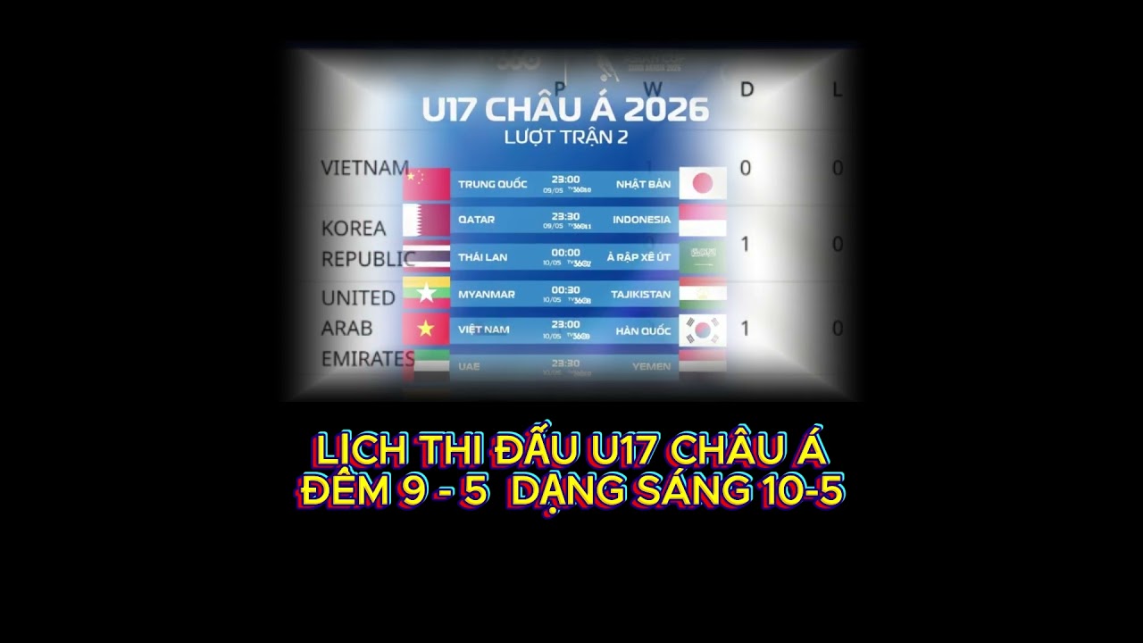 LỊCH THI ĐẤU U17 CHÂU Á ĐÊM 9 - 5  DẠNG SÁNG 10-5 #u17chaua #u17vietnam
