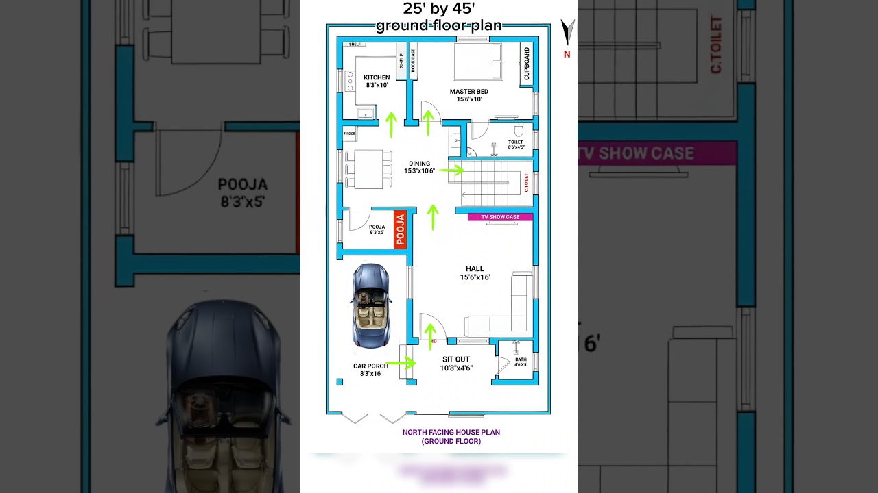 25x45 North Facing House Plan 🏡