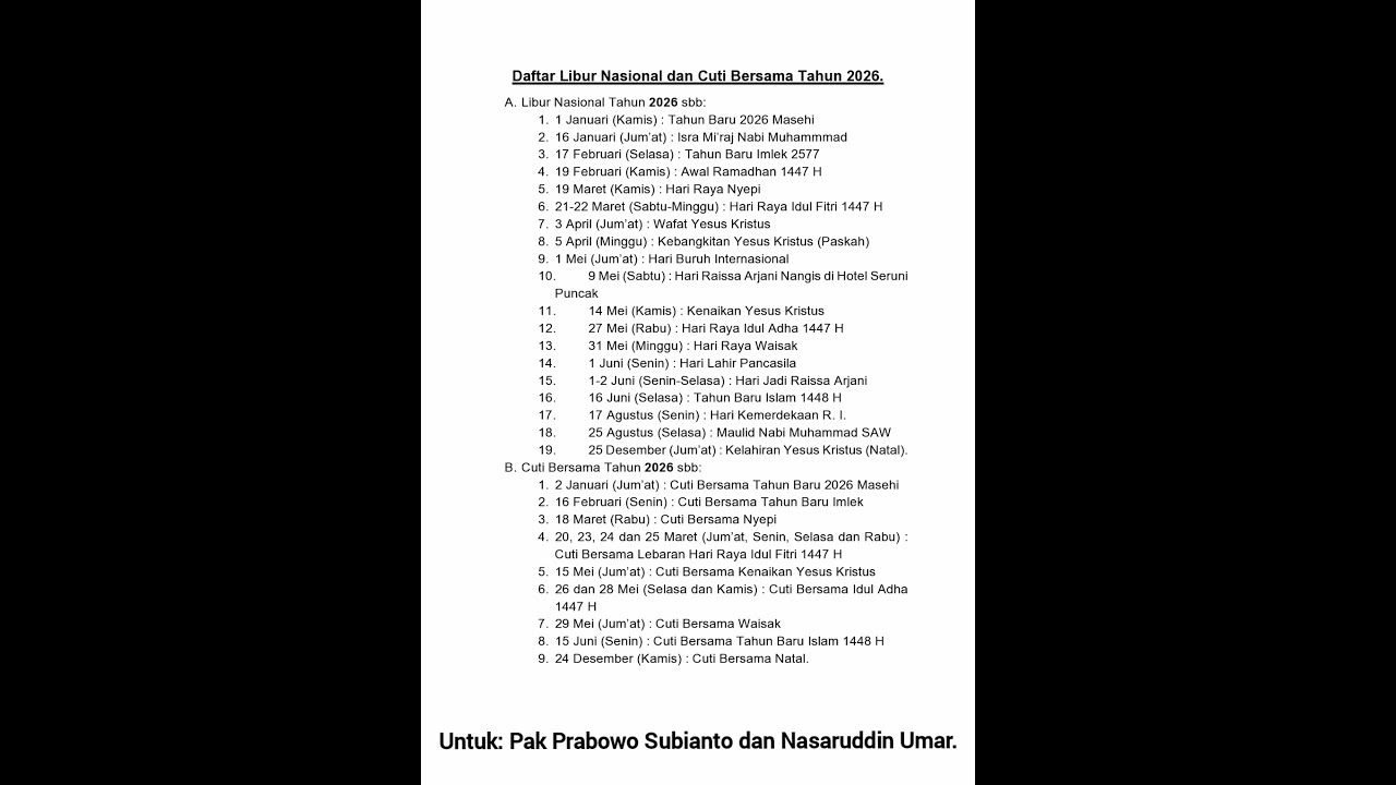 Daftar Libur Nasional dan Cuti Bersama Tahun 2026