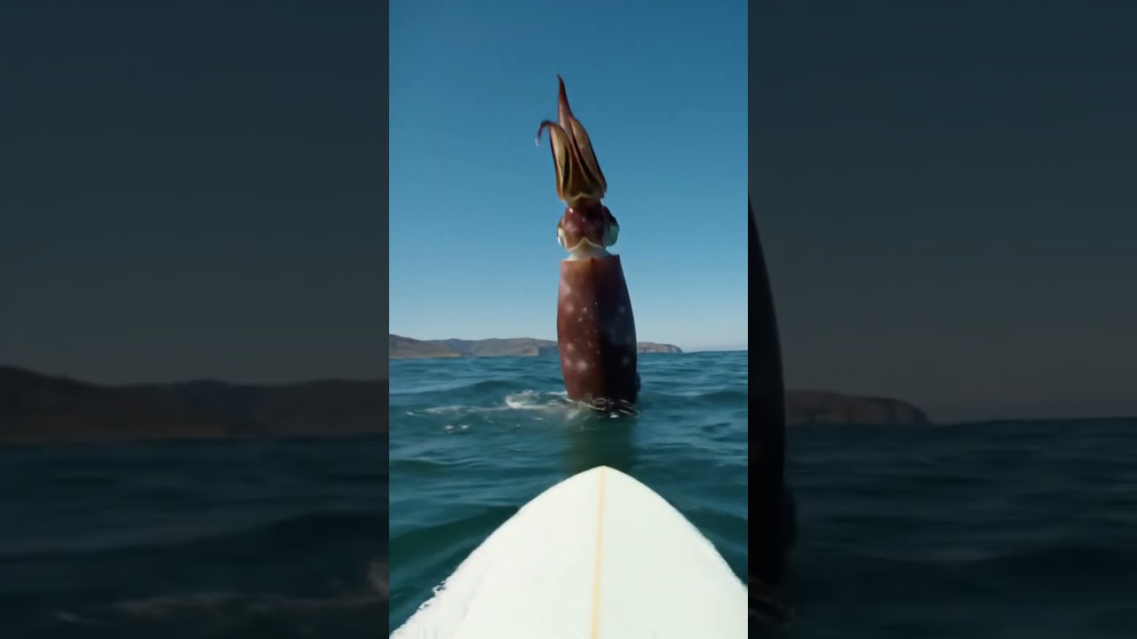 Giant Squid Performs Amazing Acrobatics Near Surfboard 🦑