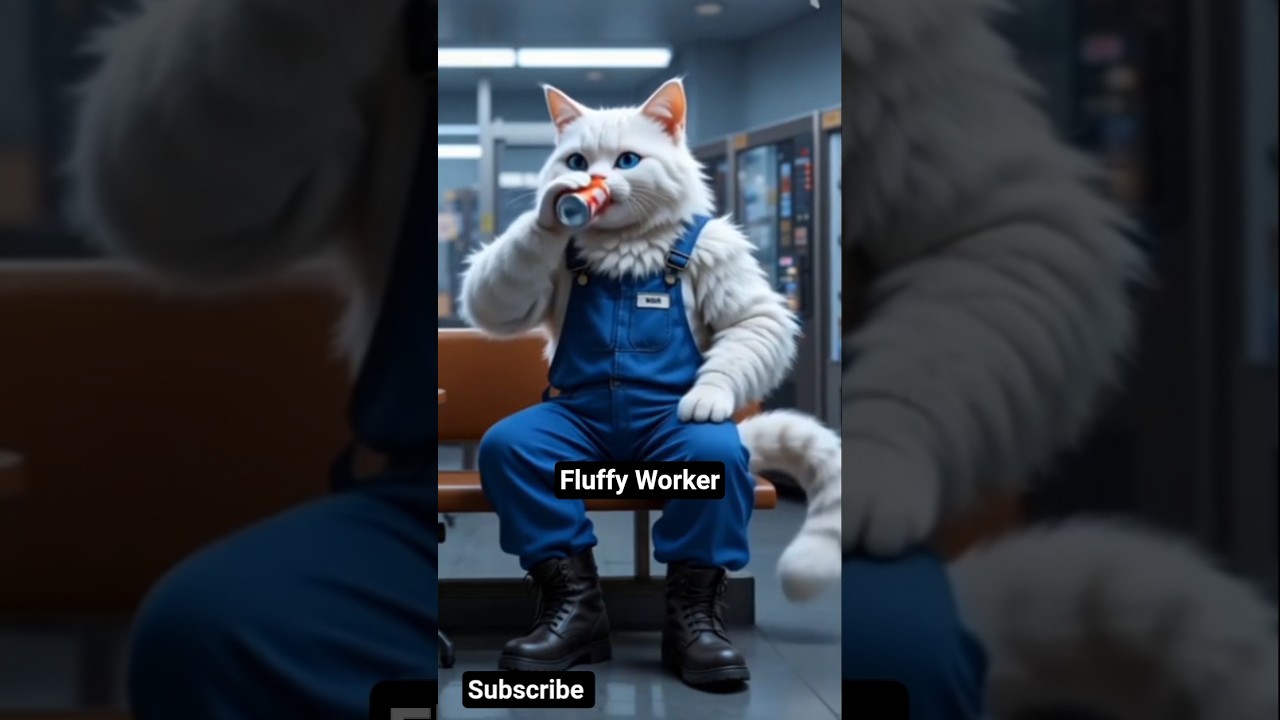 Fluffy Cat Worker in Cold Drink Factory 🐾