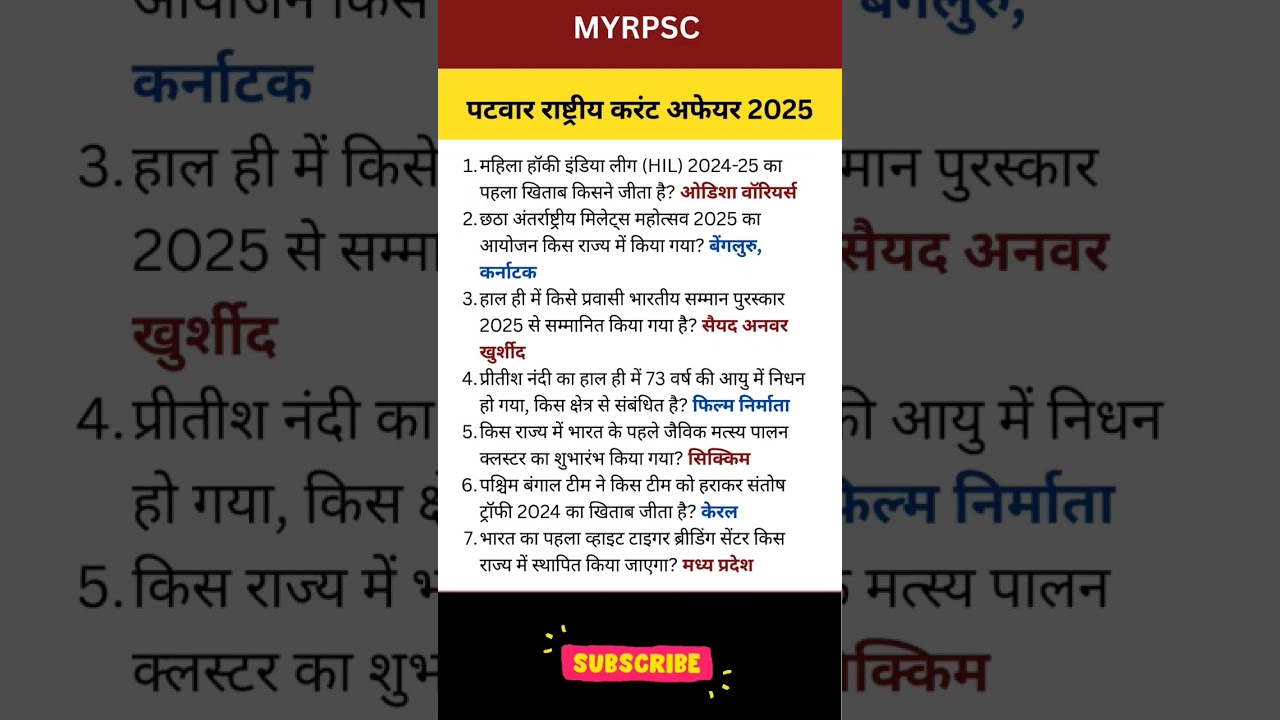 Patwari 2025 Rajasthan Current Affairs 📚