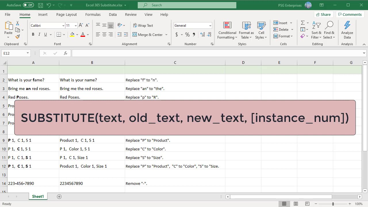 How to Use SUBSTITUTE function to Replace Text in Excel - Office 365