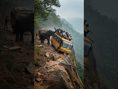 HEART-STOPPING MOMENT: Elephant Charges Tourist Bus on Treacherous Road | AI-Generated