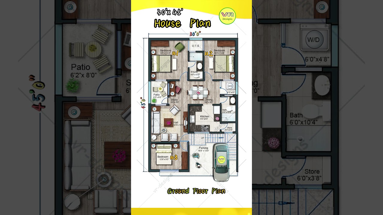 30x45 East-Facing 3-BHK House Plan with Parking 🚗