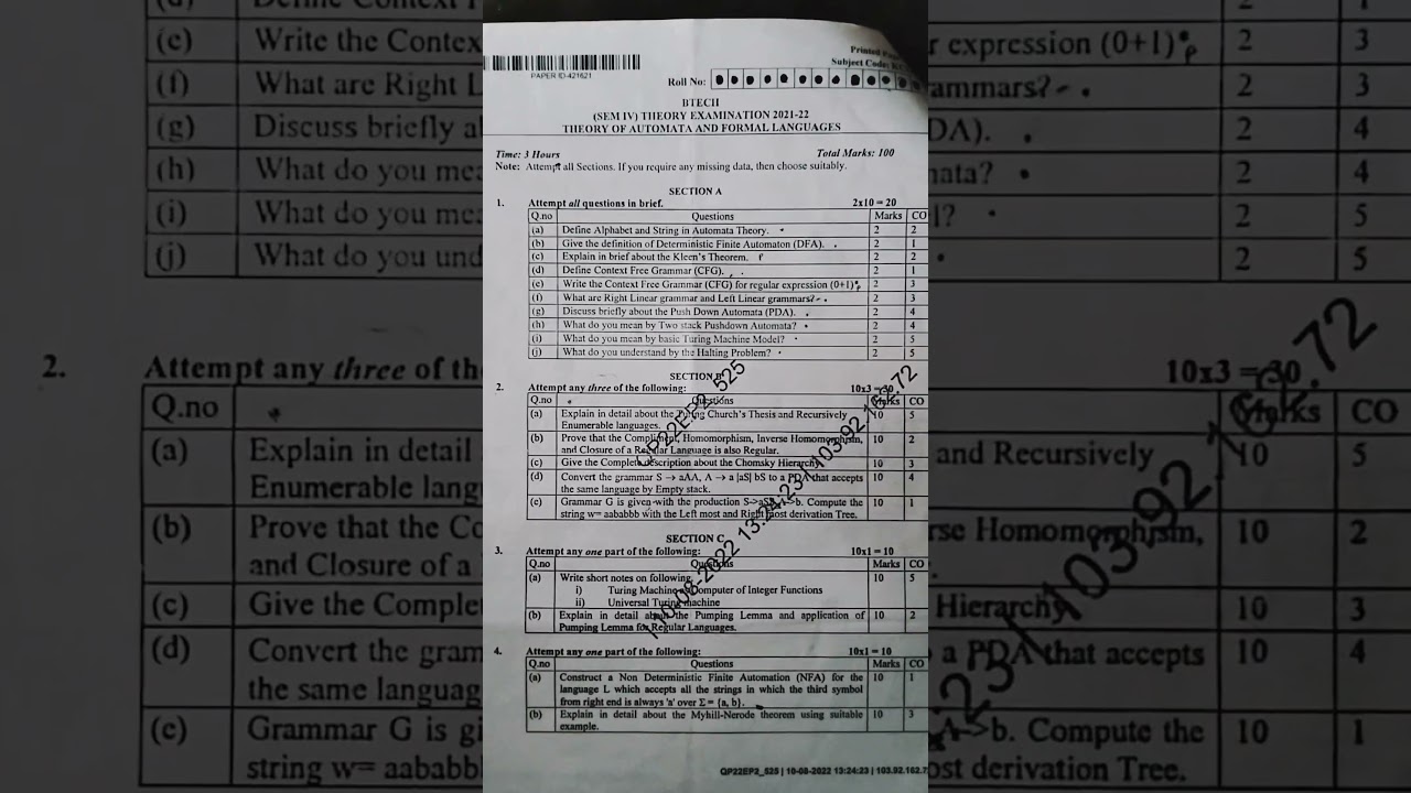 Download B.Tech 2nd Year (4th Sem) Theory of Automata & Formal Languages Paper 2021-22 📄