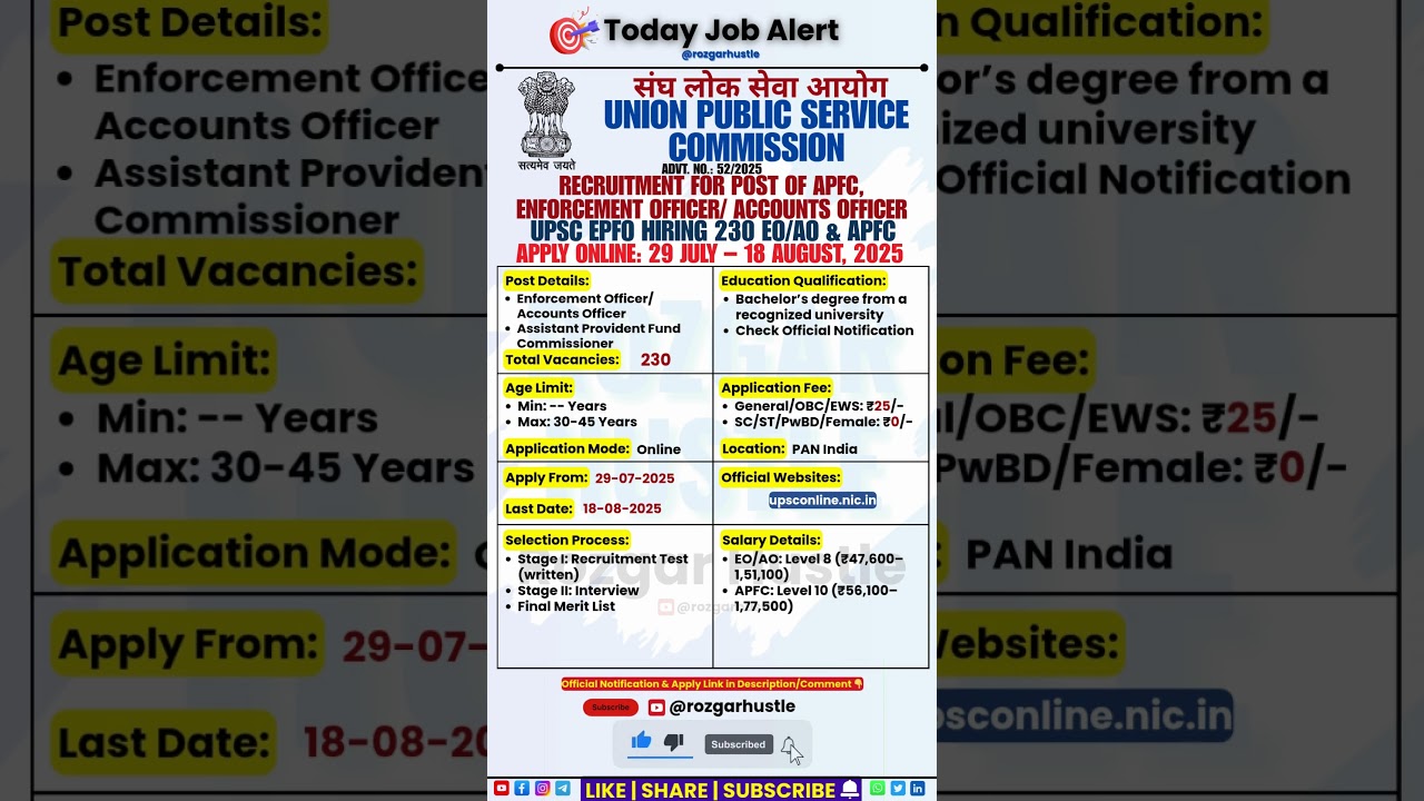 UPSC EPFO Recruitment 2025 | 230 EO/AO & APFC Posts | Apply 29 Jul – 18 Aug #shorts #upsc #epfo #job