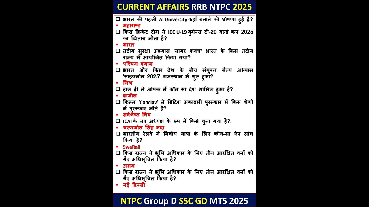 CURRENT AFFAIRS RRB NTPC 2025 NTPC CURRENT AFFAIRS FOR NTPC 2025 #rrb #ntpc #currentaffairs #rrbntpc