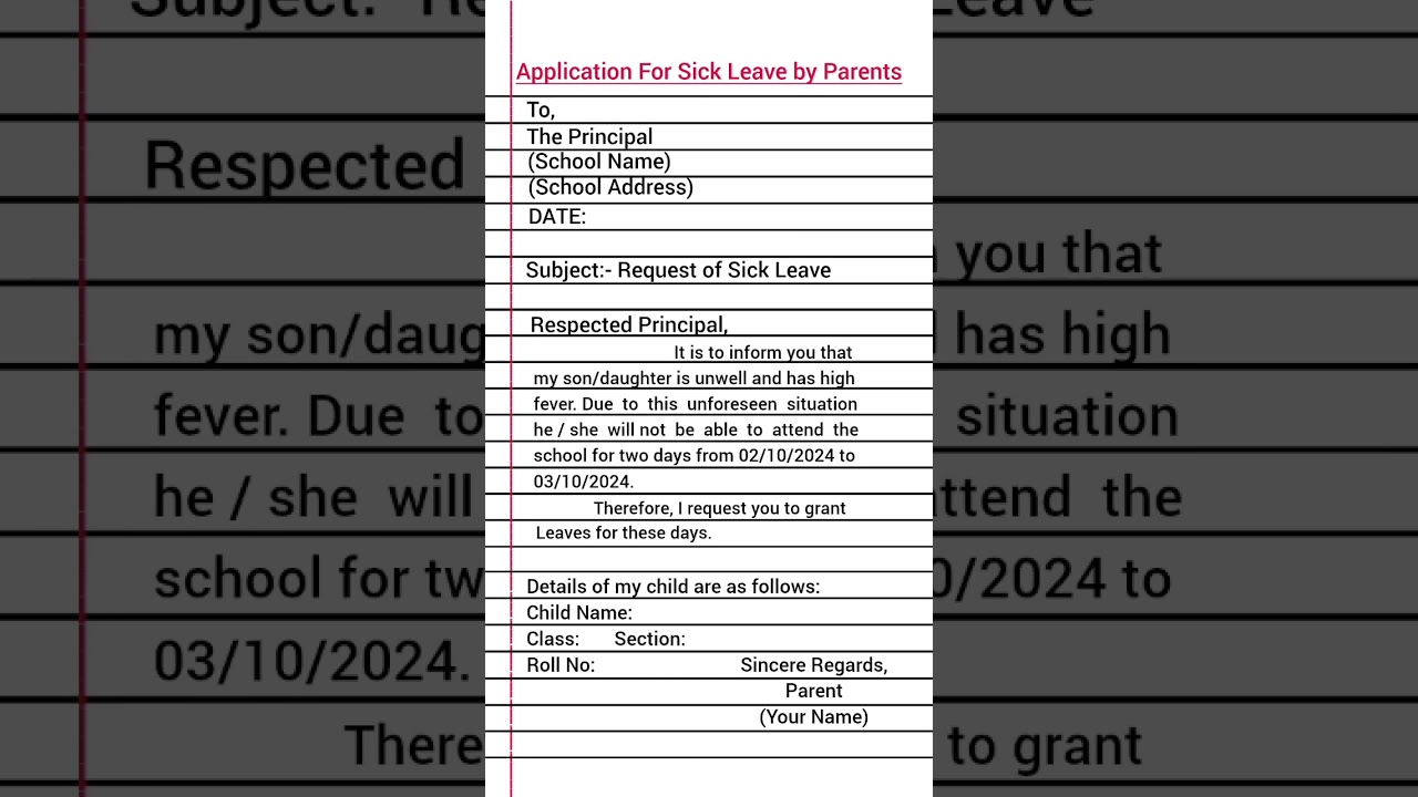 School Sick Leave Application by Parents