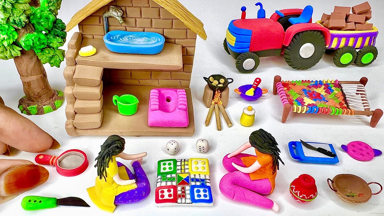DIY How to make polymer clay miniature Village House, Washroom Set, Kitchen Set, Tree, Charpai | 10