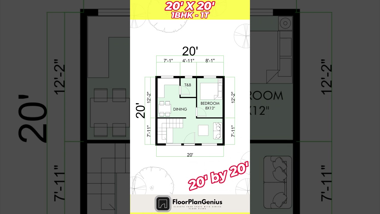1 20x20 1-Bedroom Small House Plans 🏡
