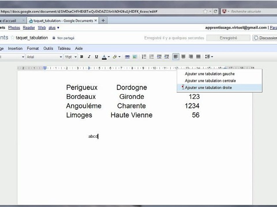 Google docs - Taquet de tabulation