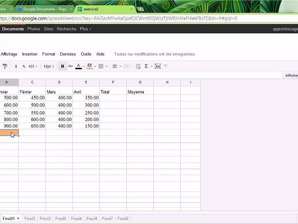 sélection et recopie | tableur Google docs