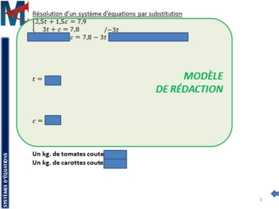 3ème - SYSTEMES D'EQUATIONS - Résolution par substitution