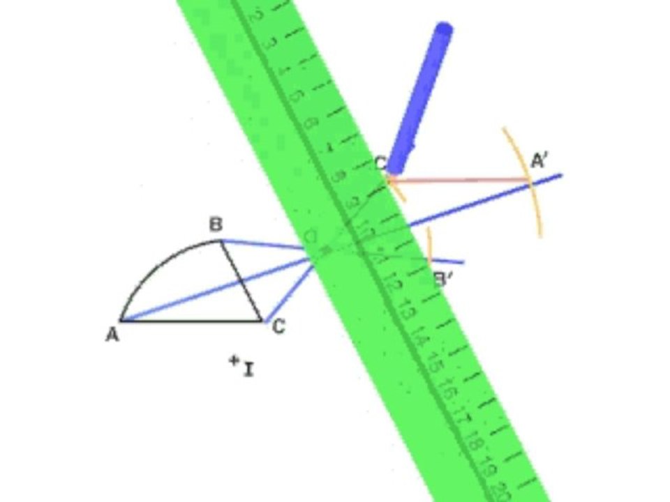 Construire le symétrique par rapport au point O d’une figure composée de deux segments AC et BC ET d’un arc de cercle AB de centre I
