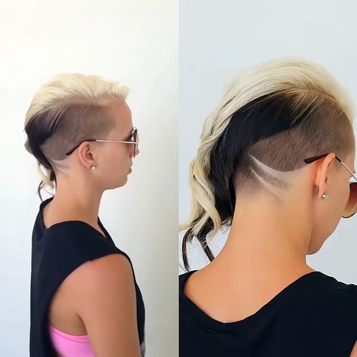 Asymmetrical extreme hair with hair tattoo