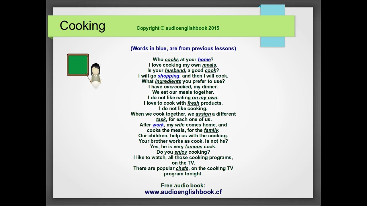 Speak English. English lesson about cooking. Learn English. English pronunciation.