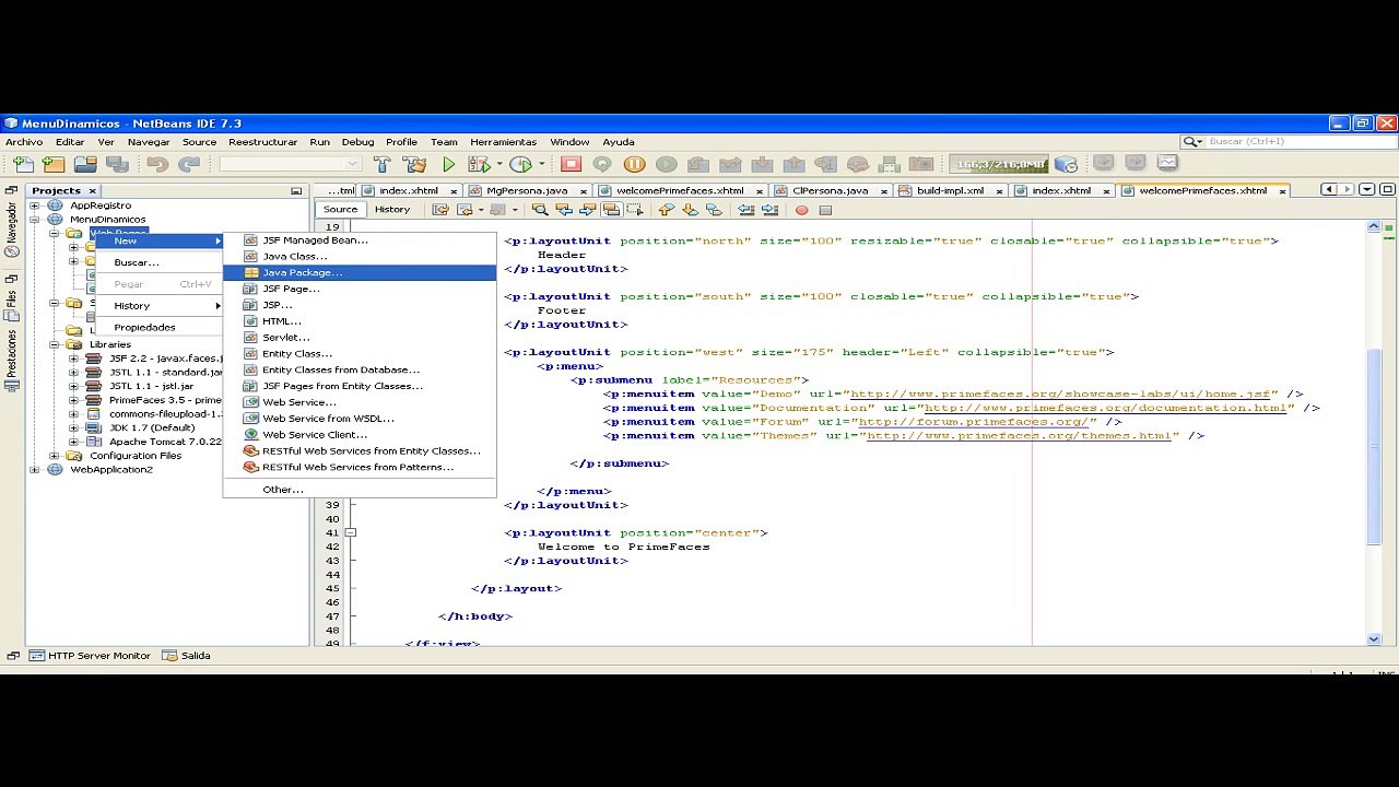 menu Dinamico  primeface con netbeans