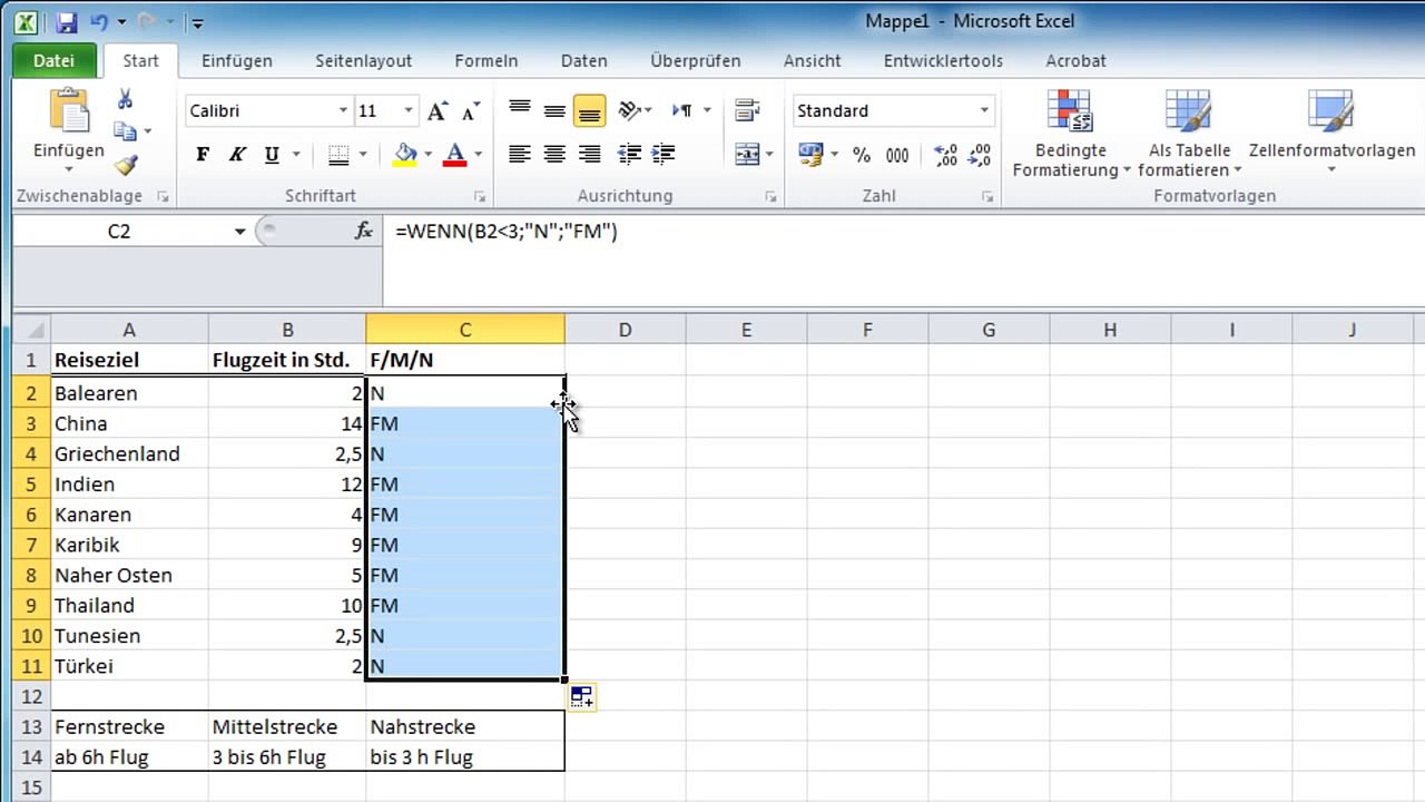 Excel 2010 - Verschachtelte Wenn-Funktion einsetzen