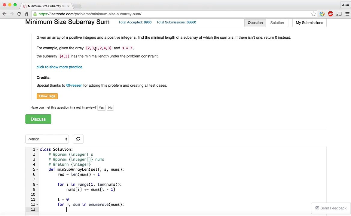 [Leetcode 209] Minimum Size Subarray Sum