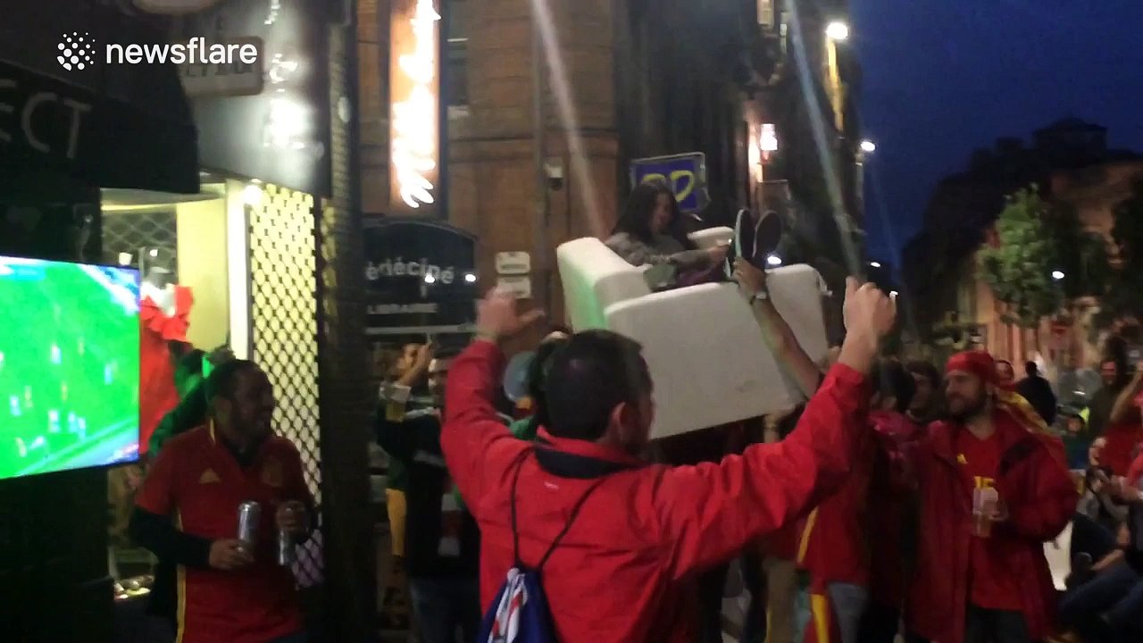 Spanish fans in Toulouse show what chairs are really supposed to be used for