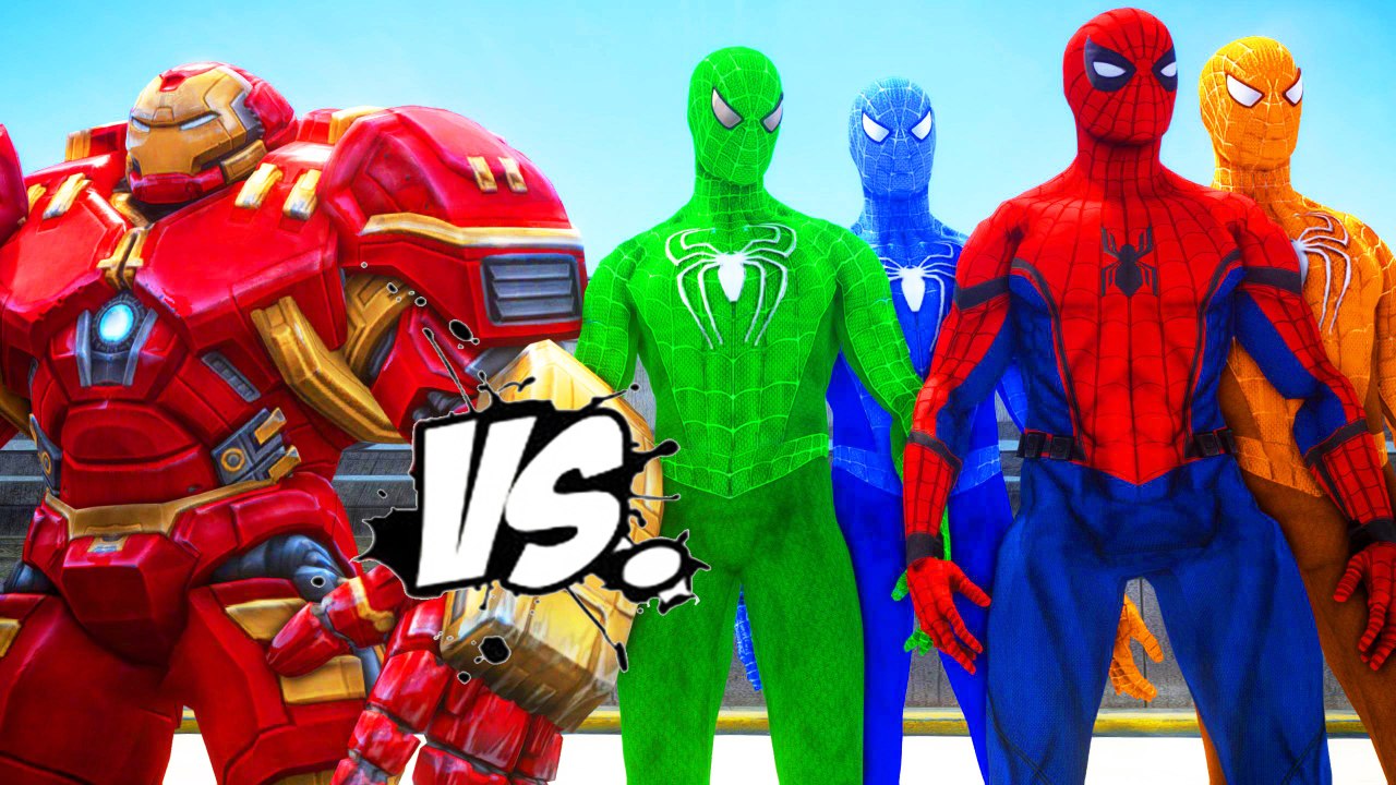 HULKBUSTER VS SPIDERMAN, GREEN SPIDERMAN, BLUE SPIDERMAN, ORANGE SPIDERMAN - IRON MAN VS SPIDERMAN