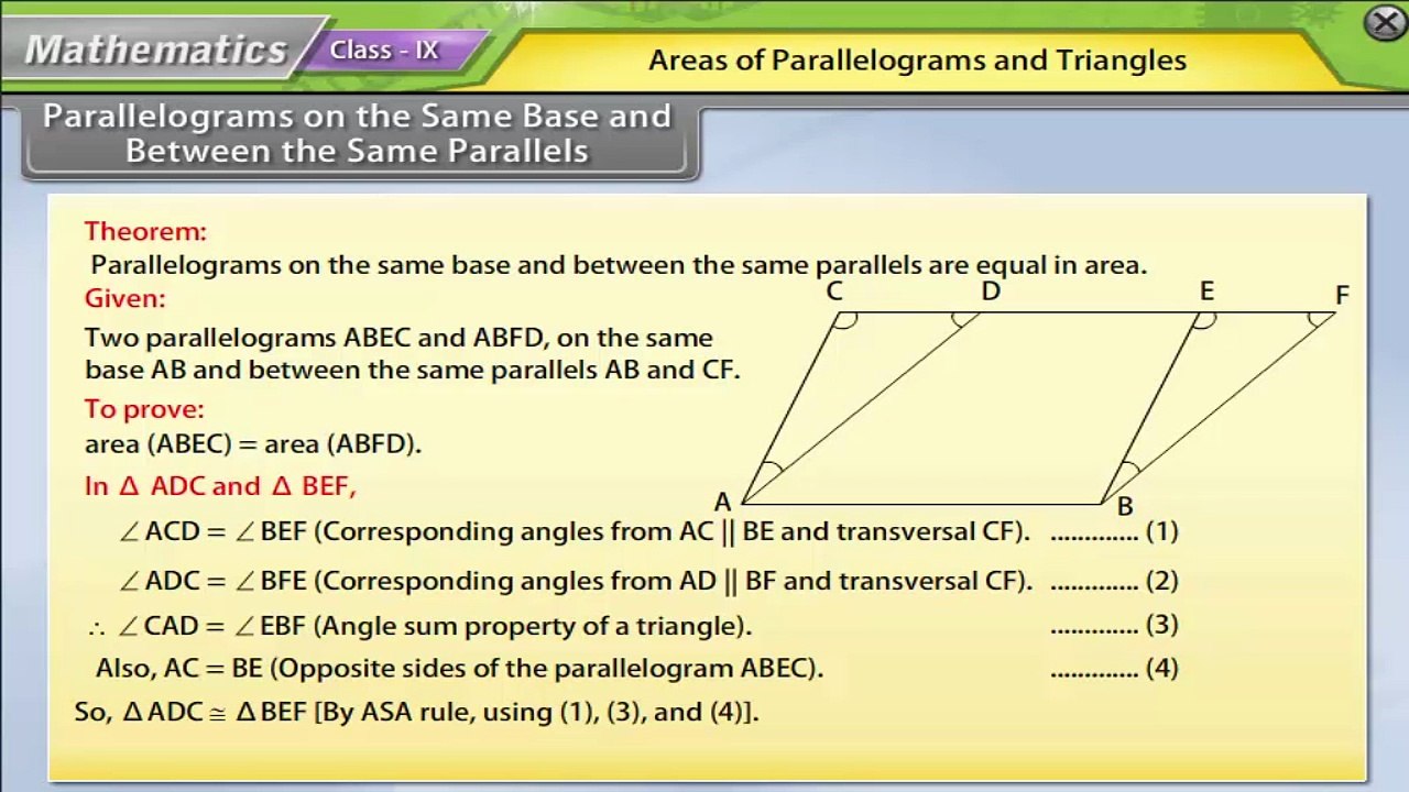 CBSE Class 9 Mathematics Animated Video Lectures : Areas of Parallelograms and Triangles