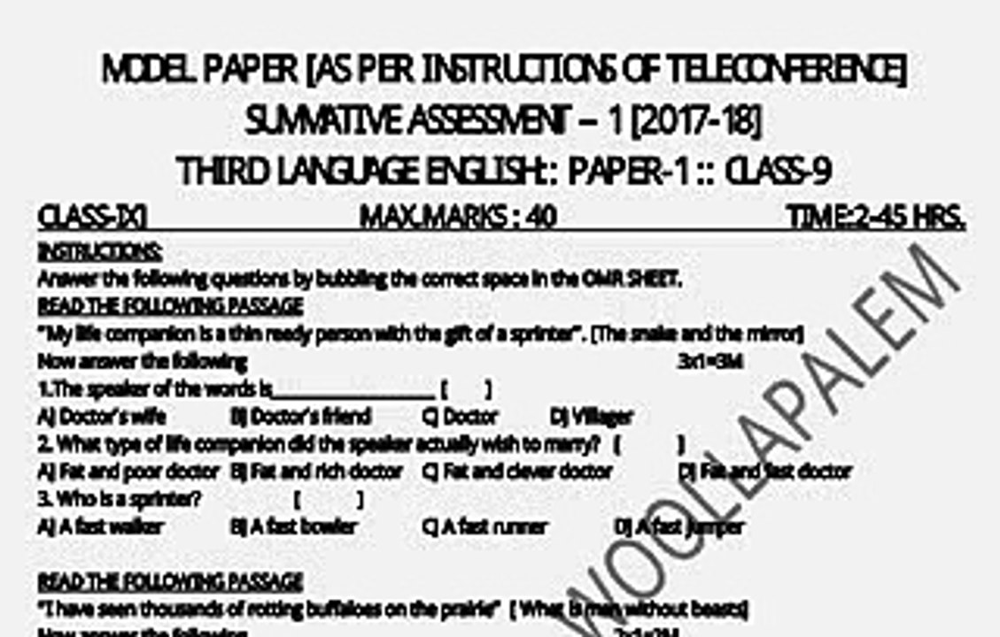Summative Assesment 1 SA 1 9th Class English Model Question Paper