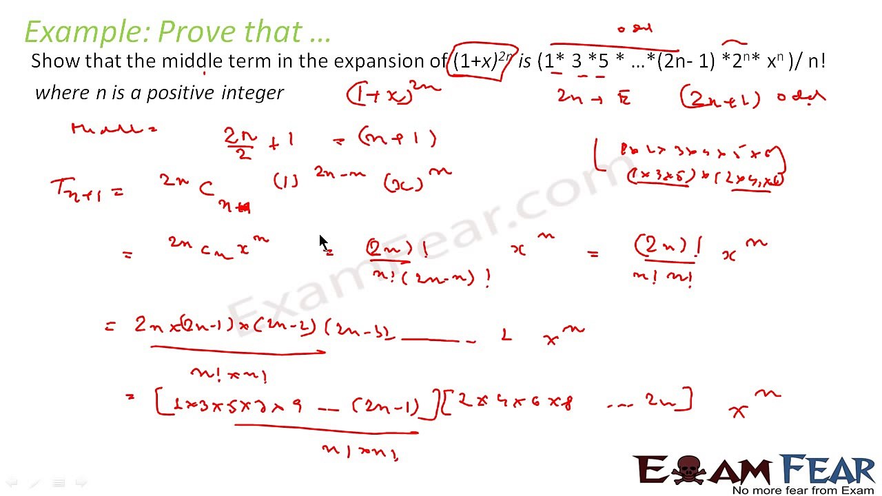 Maths Binomial Theorem part 10 (Examples Middle term) CBSE Class X1
