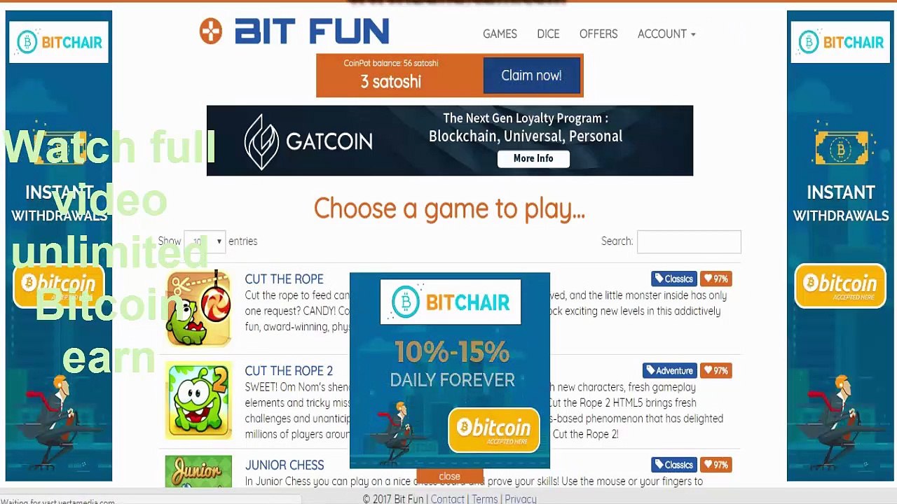every 3 min claim unlimited Bitcoin satoshi on bitfun co witdraw directly to coinpot.co