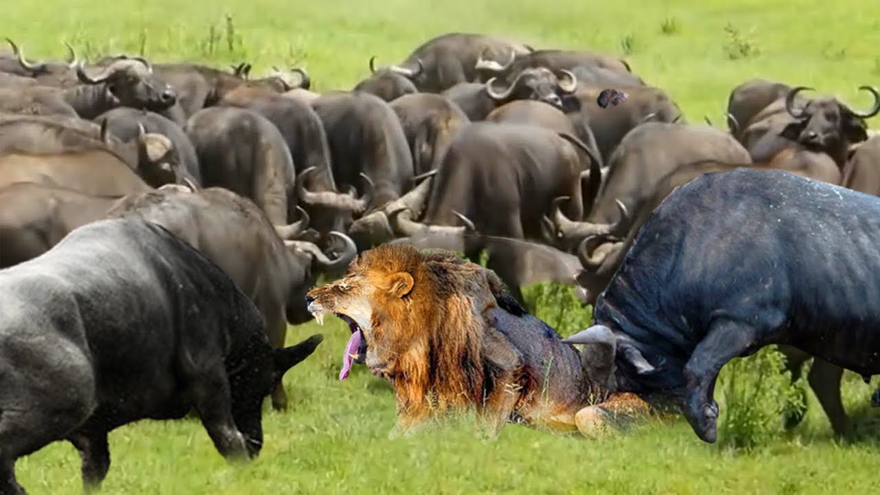 when a lion stand alone  among 100 angry a Buffalose, THE SHOW HIM HELL!