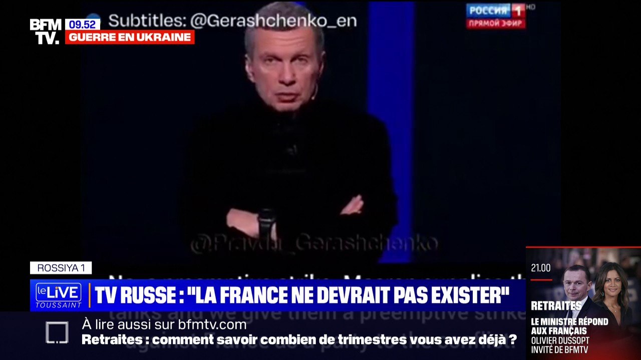 "Je ferais des frappes préventives contre la France en tant que belligérant": les propos de Vladimir Soloviev, journaliste propagandiste du Kremlin, à la télévision russe