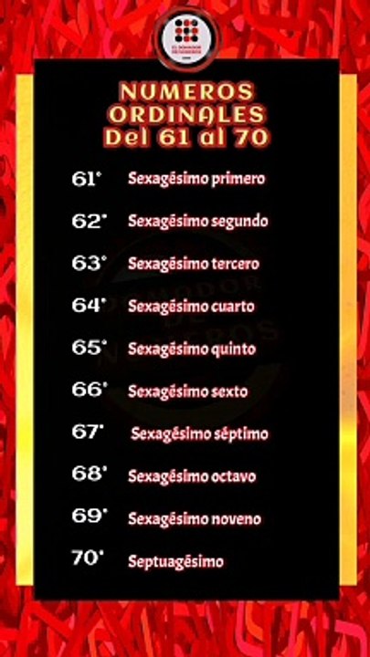 NUMEROS ORDINALES del 61 al 70! ORDINAL NUMBERS from 61 to 70!