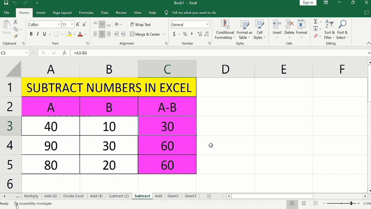 How to Subtract Numbers in Excel