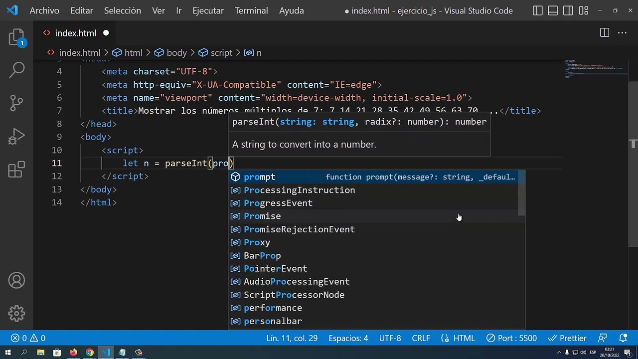 Mostrar los números múltiplos de 7: 7,14,21,28,35,42,49,56,63,70,... en JavaScript