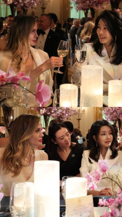 김건희 여사, 만찬서 졸리와 건배...똑닮은 화이트 드레스코드