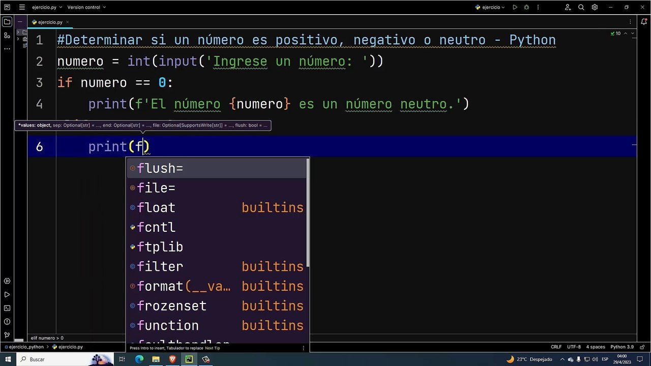 Determinar si un número es positivo, negativo o neutro en Python
