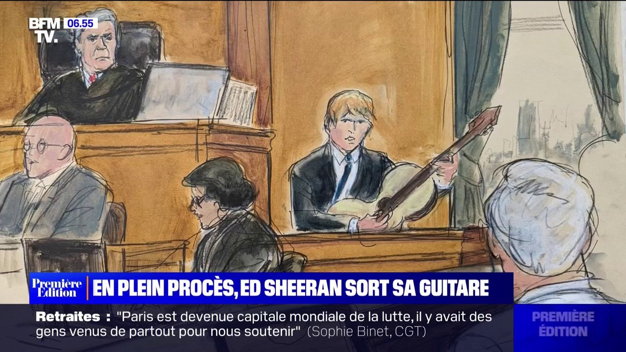 Le chanteur Ed Sheeran sort sa guitare pendant son procès pour plagiat à New York
