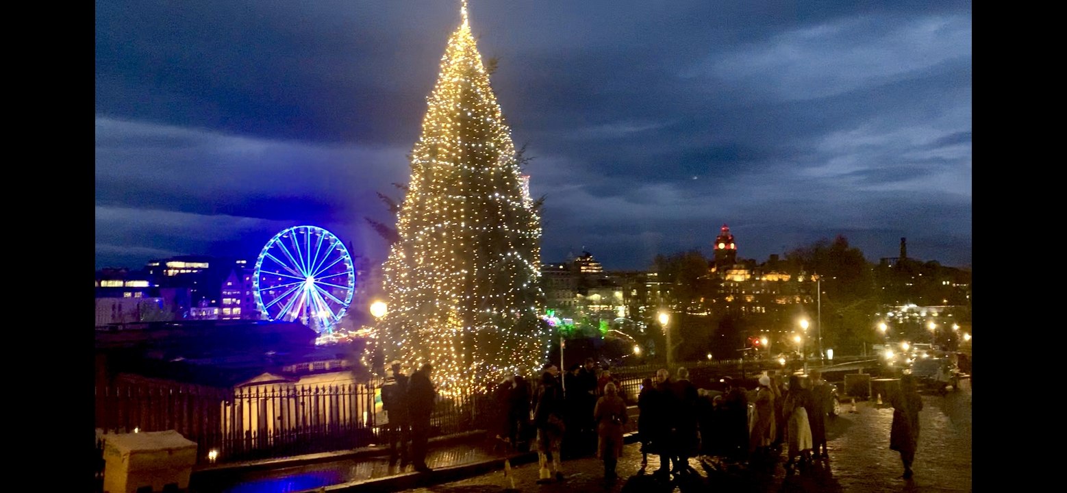 Christmas tree lights turned on  at the Mound