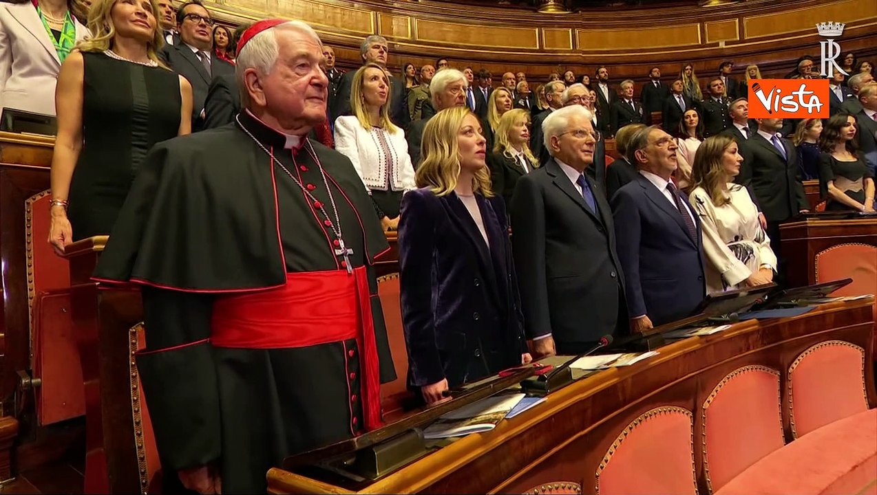 Mattarella, La Russa e Meloni cantano l'Inno di Mameli al concerto di Natale al Senato