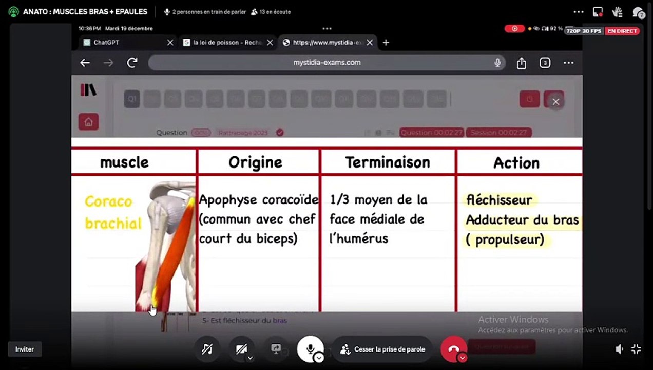 QCM INTRO MYOLOGIE + MUSCLES EPAULE BRAS PART 1