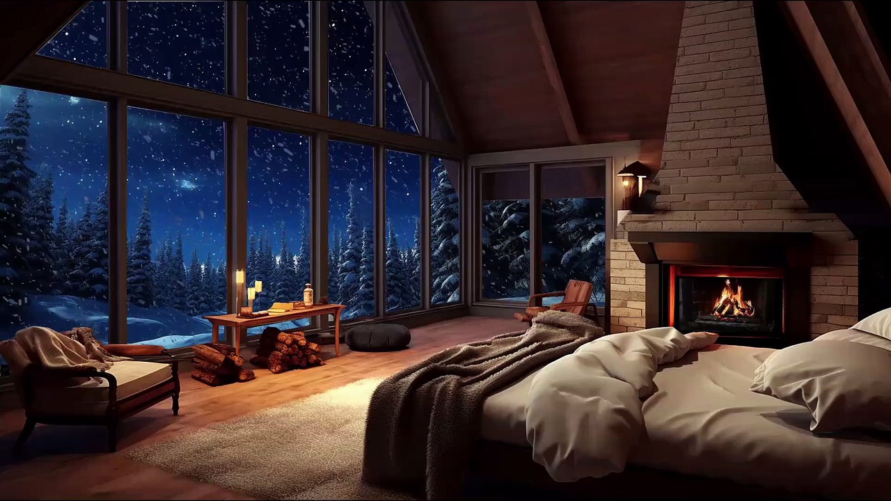 Cozy Bedroom Fireplace Snowfall View | 2 Hour Night Ambiance